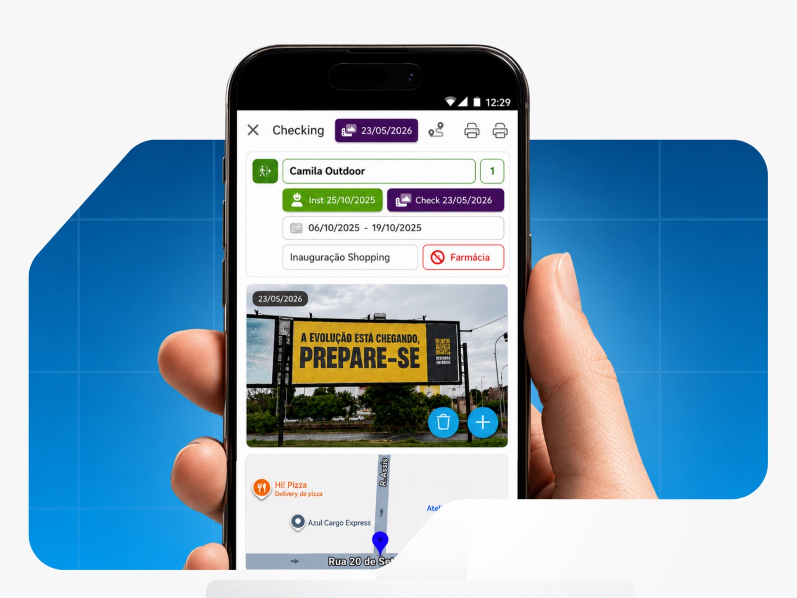 Aplicativo mobile do FluxOOH com tela de checking fotográfico geolocalizado de um outdoor