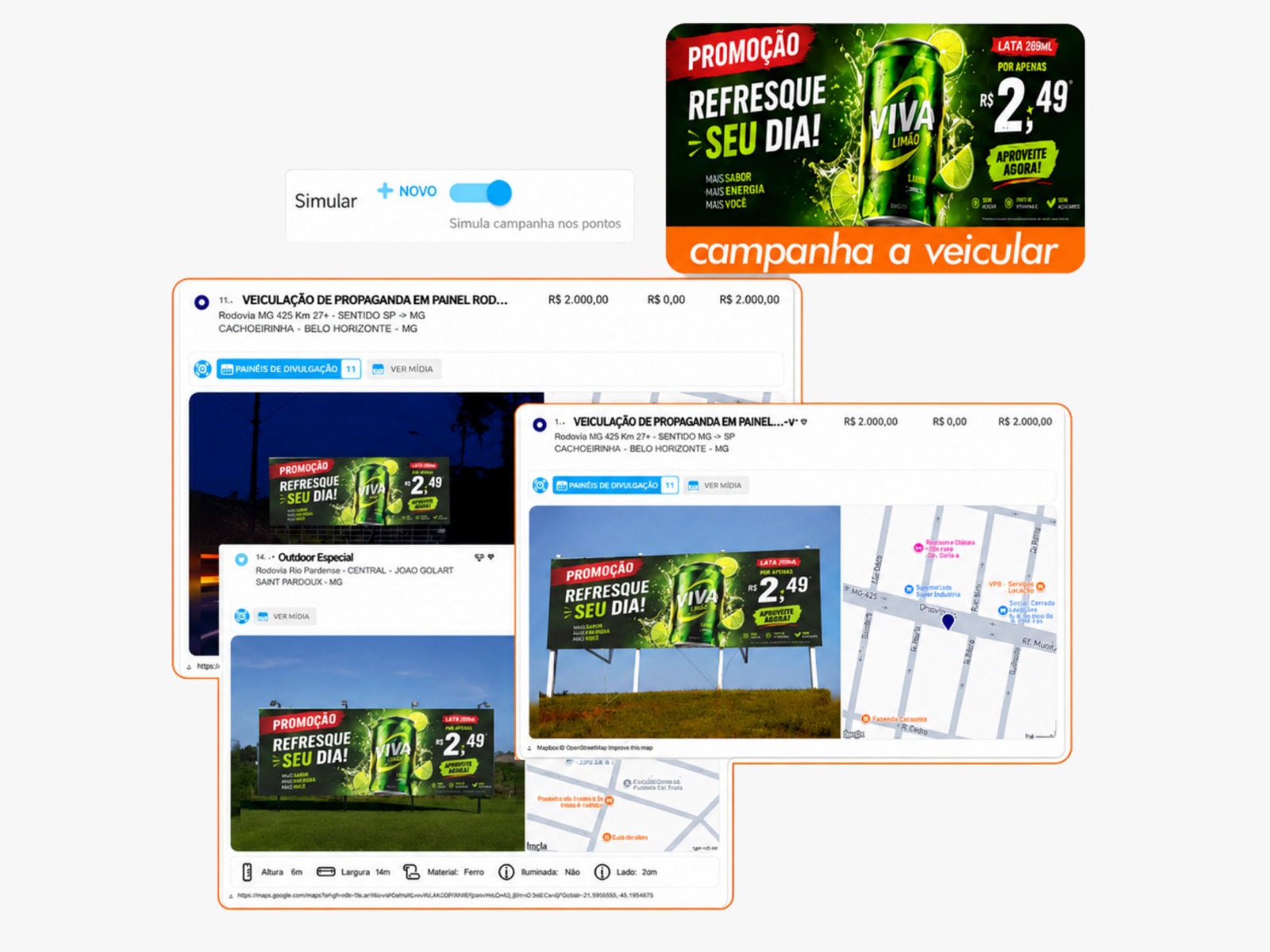 Simulador de campanha do FluxOOH aplicando a arte do anunciante nos painéis com mapa de localização